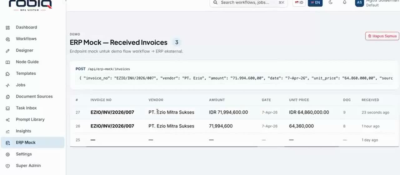 ERP Mock — invoice indexed with full fields